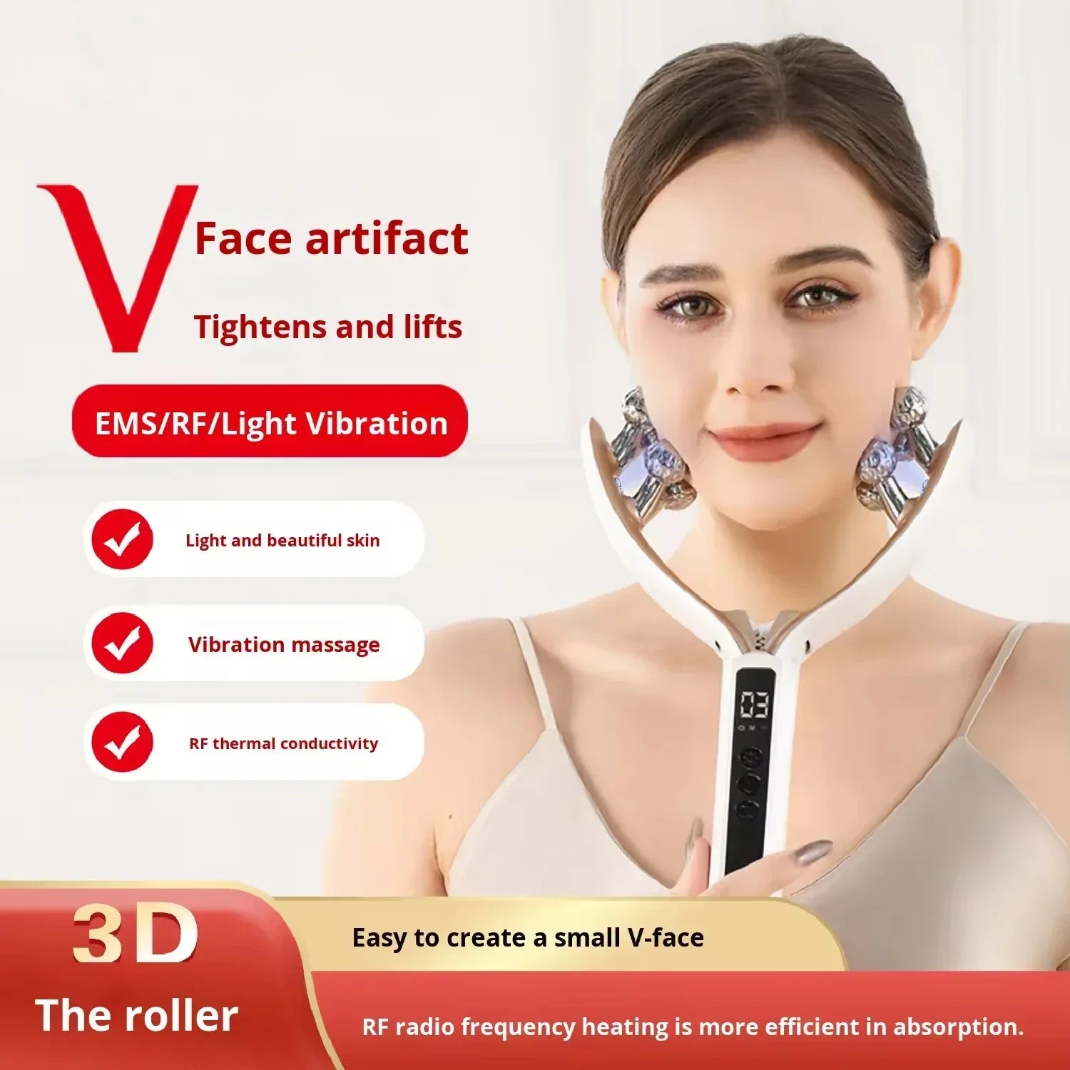 Anti-Aging Ems Microcurrent Roller Facial Shaping Device - V-Ray Radiofrequency Beauty Firmening and Lifting Facial Massage