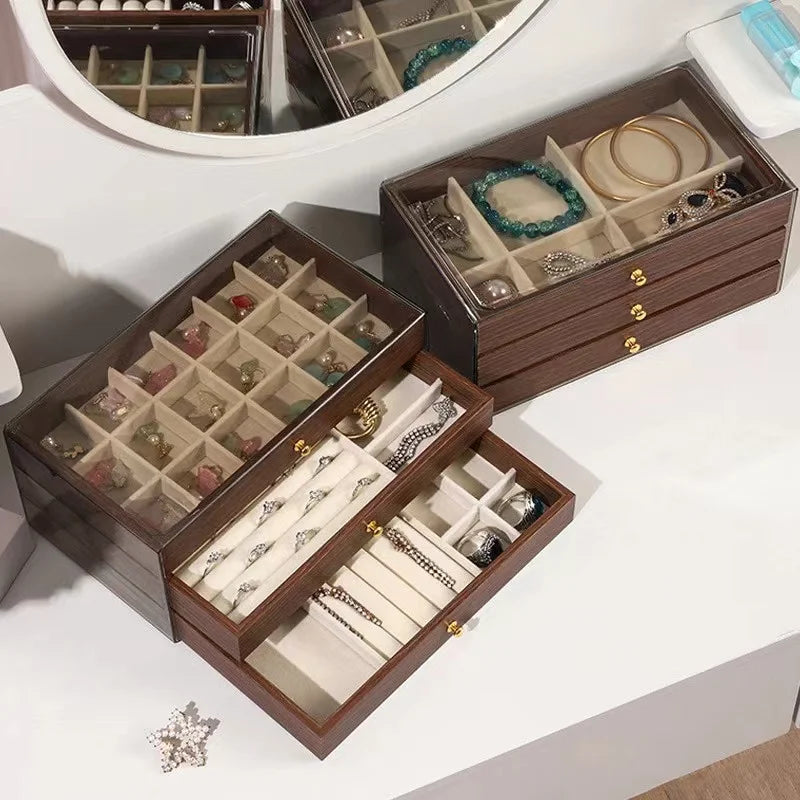 Multi-layer Wooden Jewelry Box Transparent Window Rings Necklace Jewelry Storage Case Organizer Bracelet Earrings