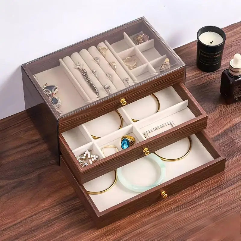 Multi-layer Wooden Jewelry Box Transparent Window Rings Necklace Jewelry Storage Case Organizer Bracelet Earrings