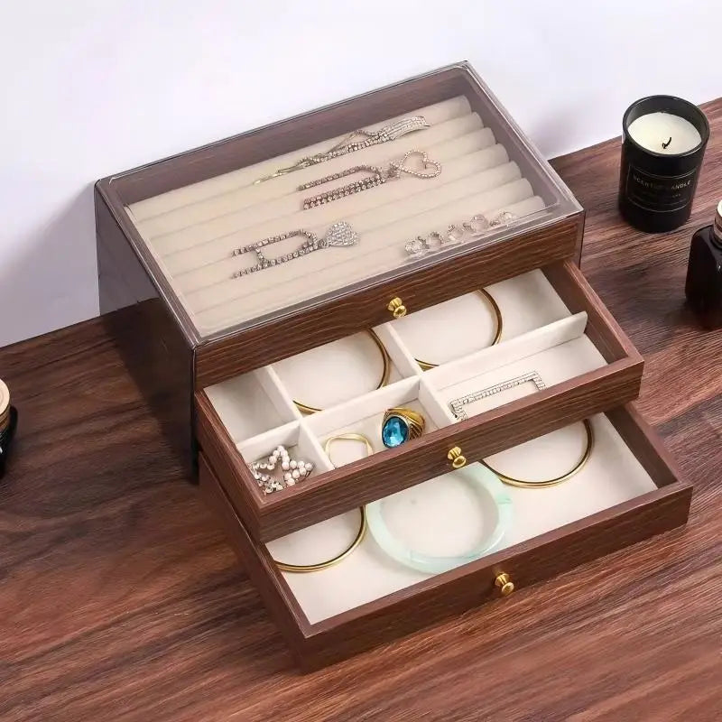 Multi-layer Wooden Jewelry Box Transparent Window Rings Necklace Jewelry Storage Case Organizer Bracelet Earrings